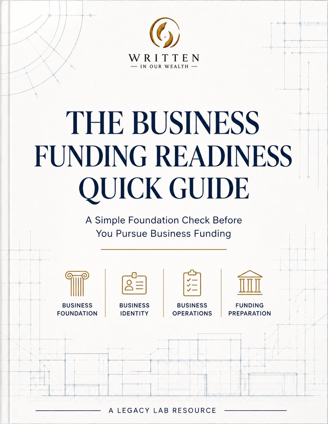 Cover of The Business Funding Readiness Quick Guide by Written In Our Wealth, featuring business foundation, identity, operations, and funding preparation icons